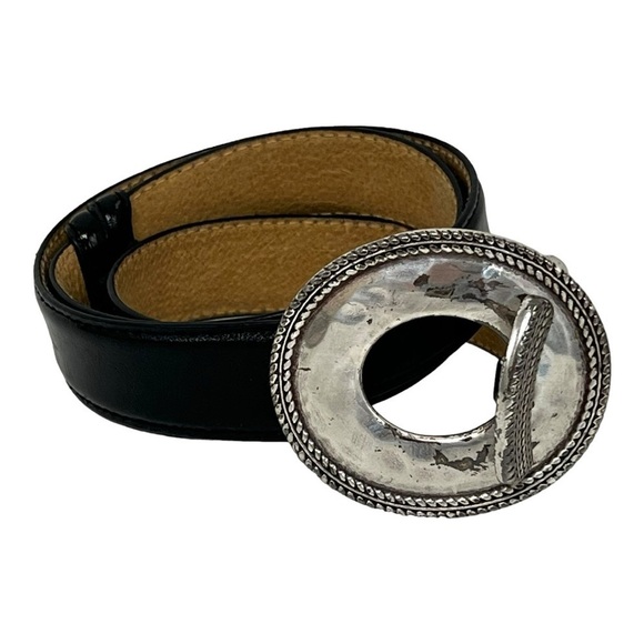 Accessories - Black Leather Belt with Silver Buckle